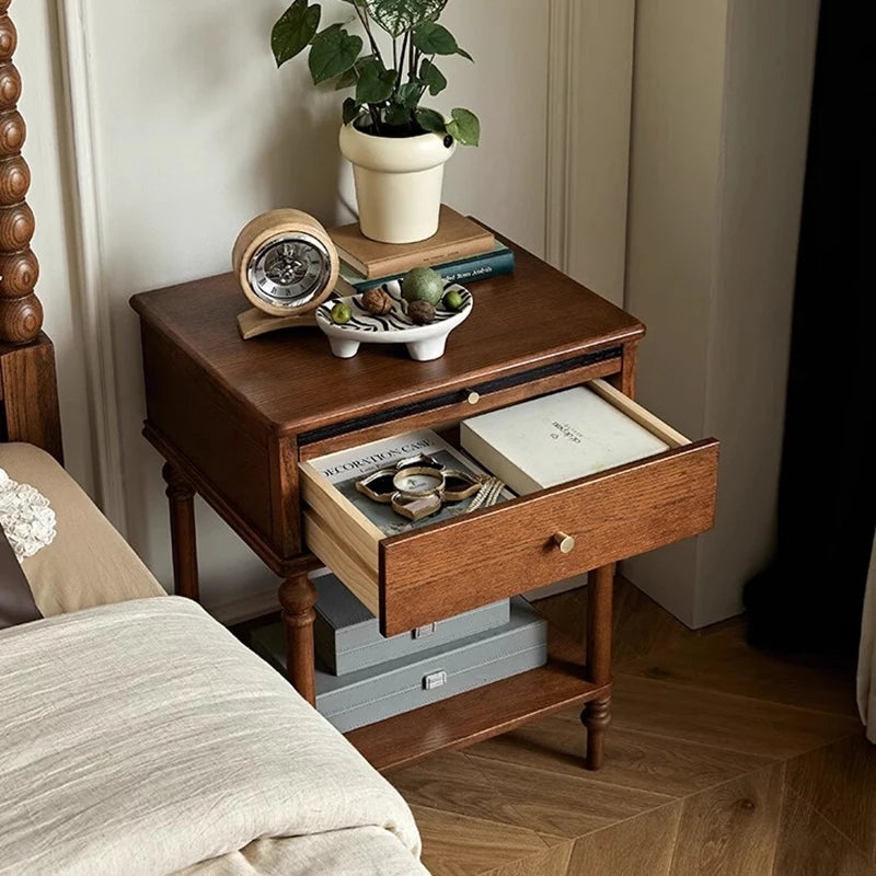 Nordic Retro Bedside Table French Solid Wood Bedroom Black Storage